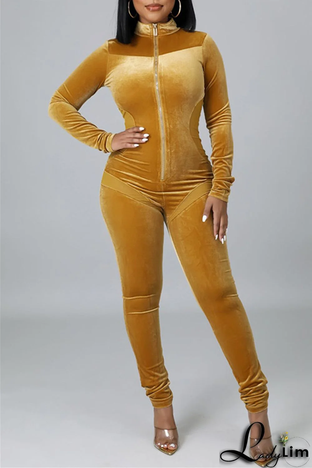 Yellow Fashion Casual Solid Split Joint Zipper Collar Skinny Jumpsuits
