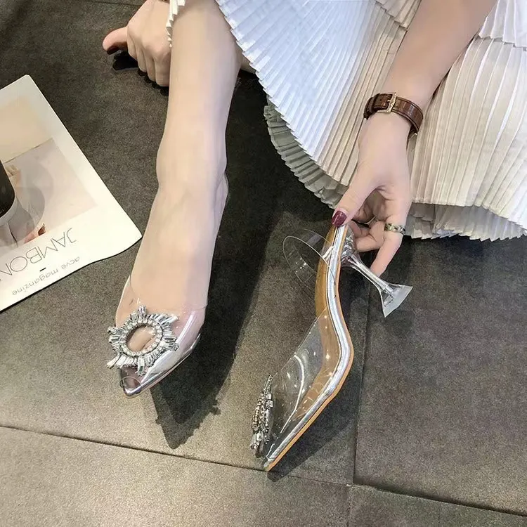 Breakj Breakj Summer New Korean Version Of The Diamond Transparent Crystal Shoes High Heel Sandals Fine Heel Women's Shoes Size 43 Yards
