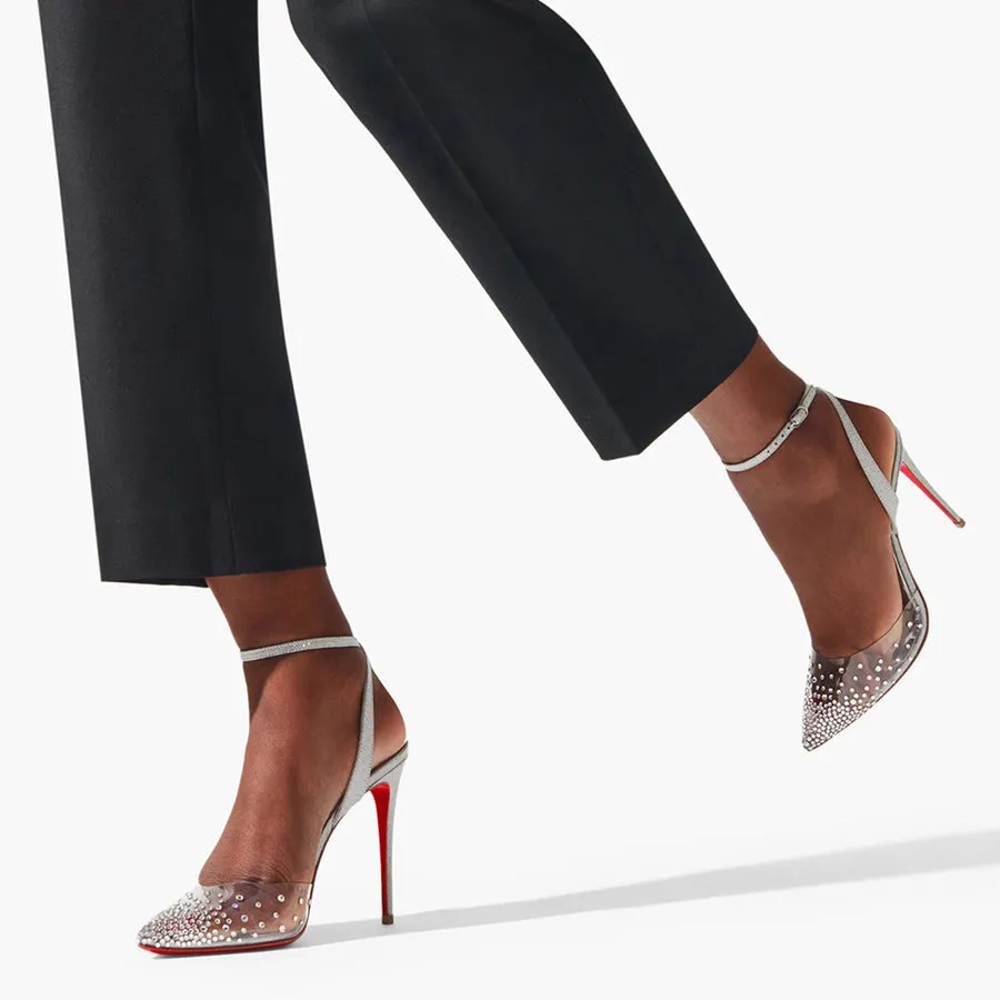 100mm Crystal Embellished PVC Metallic Pointy Toe Red Bottom Pumps Sandals-vocosishoes