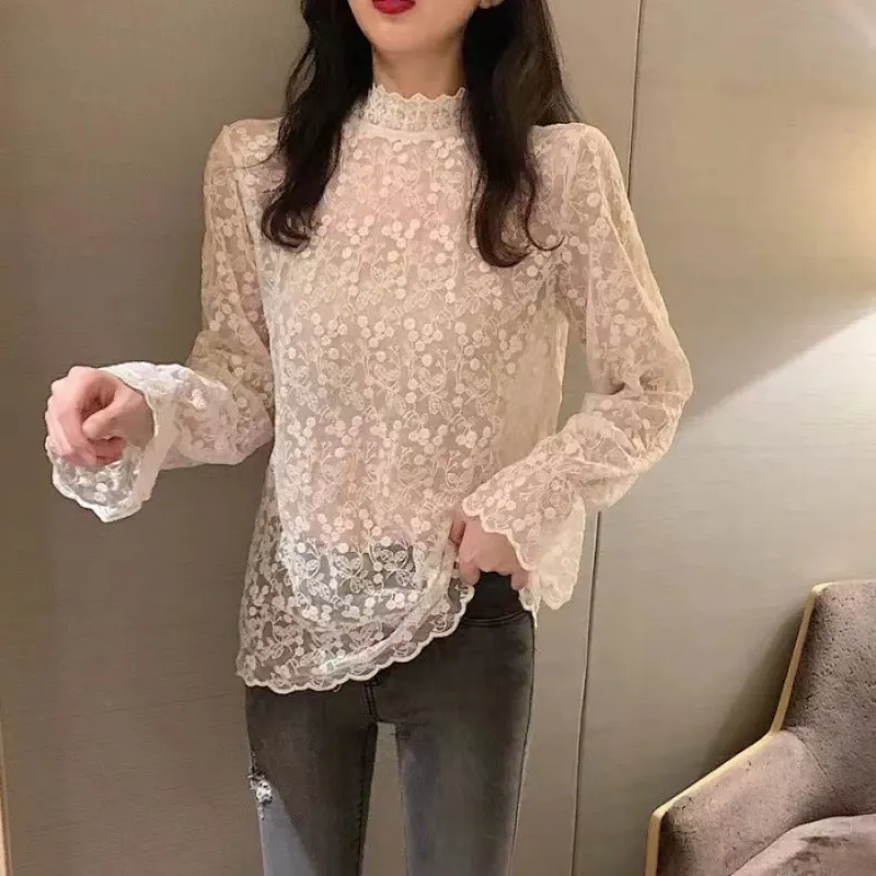 Brownm Brownm Autumn Lace Tjersey Horn Sleeve Mesh With Lace Lace Collar Gas Hit Bottom Blouse Small Shirt Tide