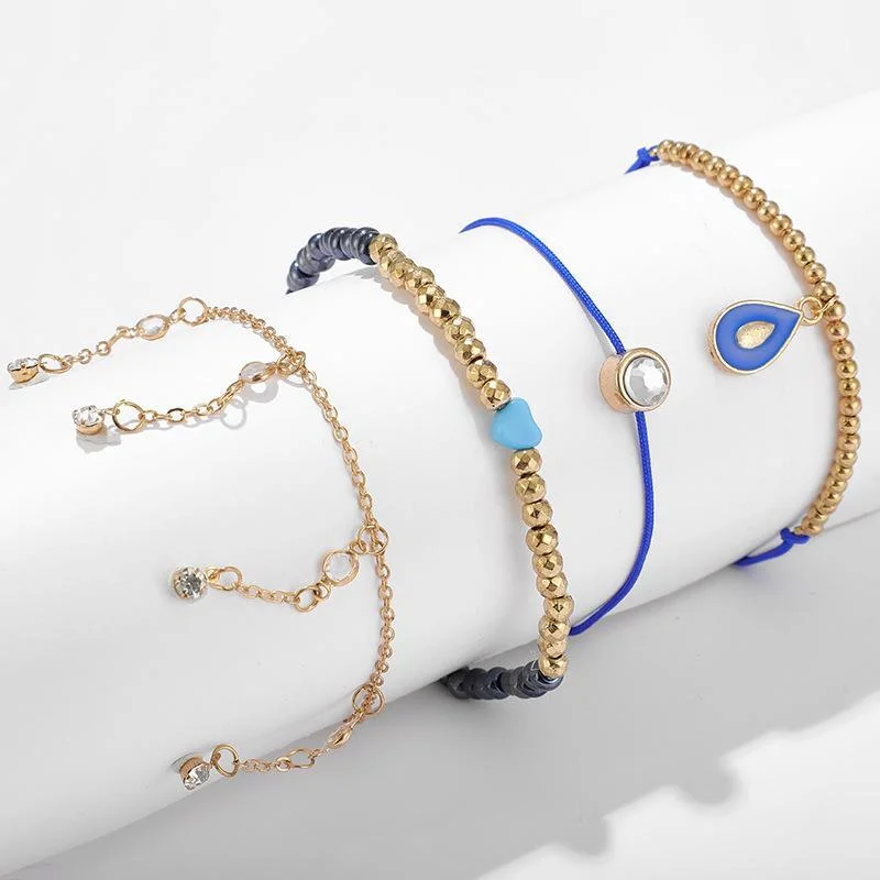 Women plus size clothing 4 Pieces Heart Drop Diamond Tassel Bead Anklet Sets Wholesale Cheap Jewelry-Nordswear