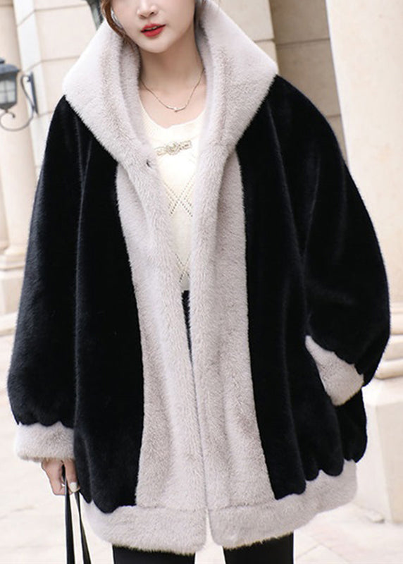 VCSHOES Loose Black Patchwork Button Hooded Coat Winter
