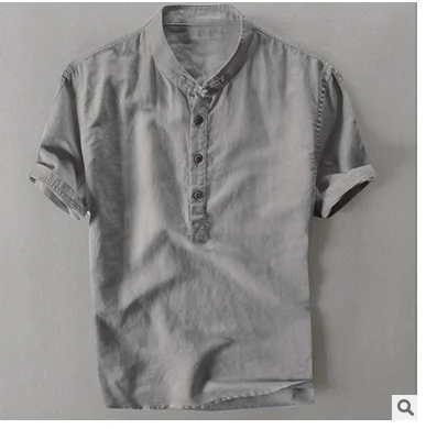 Brownm Brownm Summer Travel Holiday Men's Leisure Simple Small Fresh Linen Shirt Thin Solid Color Short-Sleeved Leisure T-Shirt