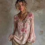 Vintage Pink Lily Floral Glitter Lace Flowy Linen Tunic - Image 2