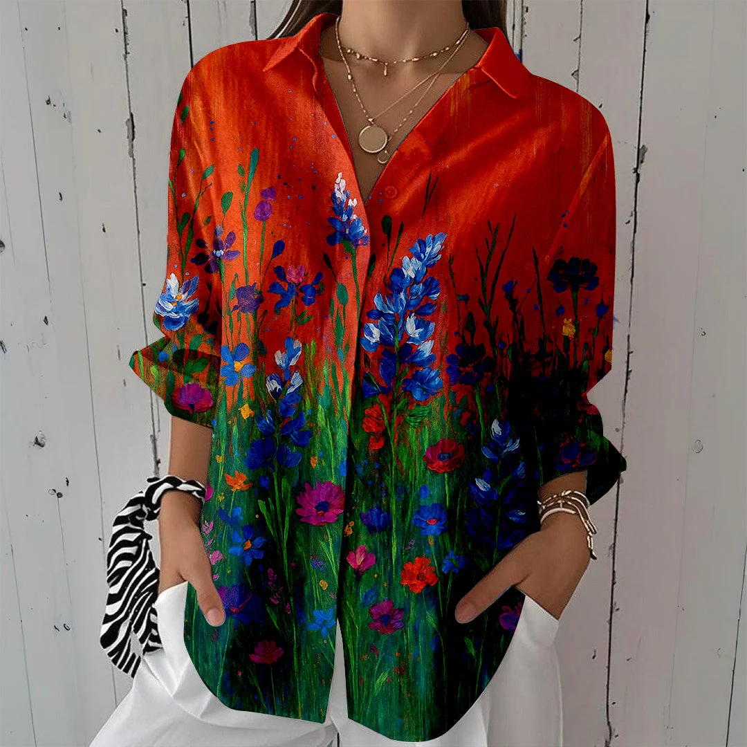 Style & Comfort for Mature Women Women Floral,Orange DZCL0013 3/4 Sleeve Shirt Collar Printed Button Tops