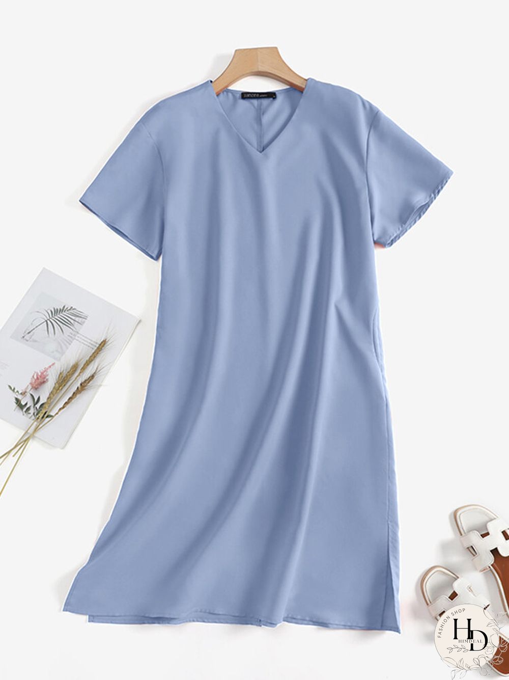 Solid Pocket Slit Hem V-neck Rolled Short Sleeve Dress