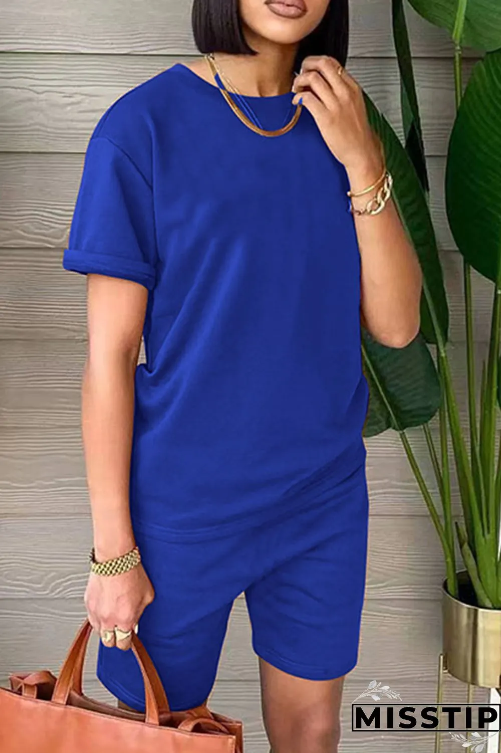 Black Fashion Casual Solid Basic O Neck Short Sleeve Two Pieces