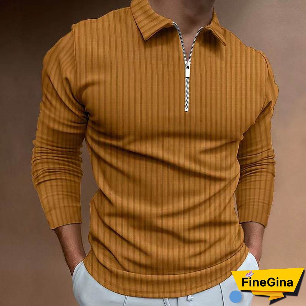 Brown Men's Waffle Solid Color Collar Patchwork Long Sleeve Zipper Shirt