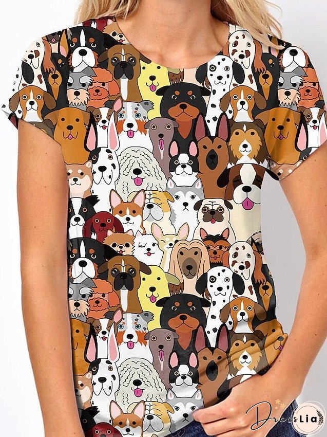 T shirt Tee Rainbow Graphic Dog Print Short Sleeve Holiday Weekend Basic Beach Round Neck Regular S for Women