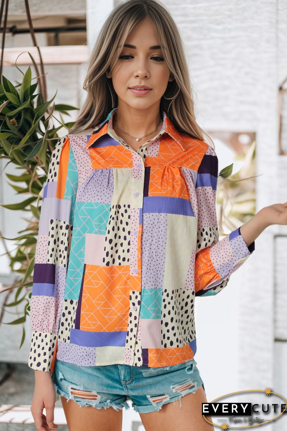 Multicolor Mixed Print Button Front Cuffed Sleeve Shirt