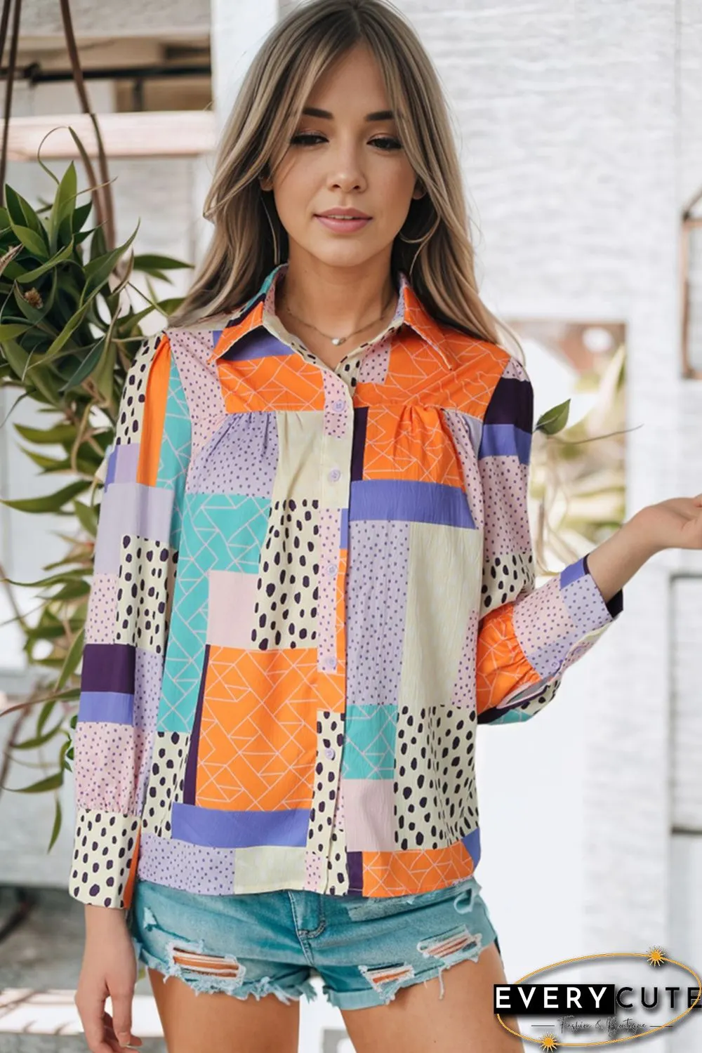 Multicolor Mixed Print Button Front Cuffed Sleeve Shirt