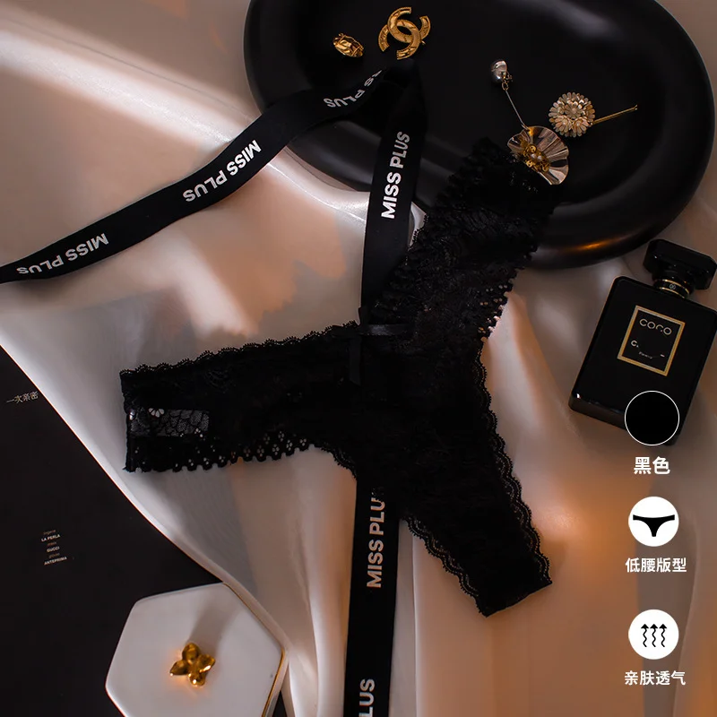 Uveng Uveng Sexy Lace Thong Female Hollow V Waist Pure Desire Bow Breathless Large Peach Butt Trousers