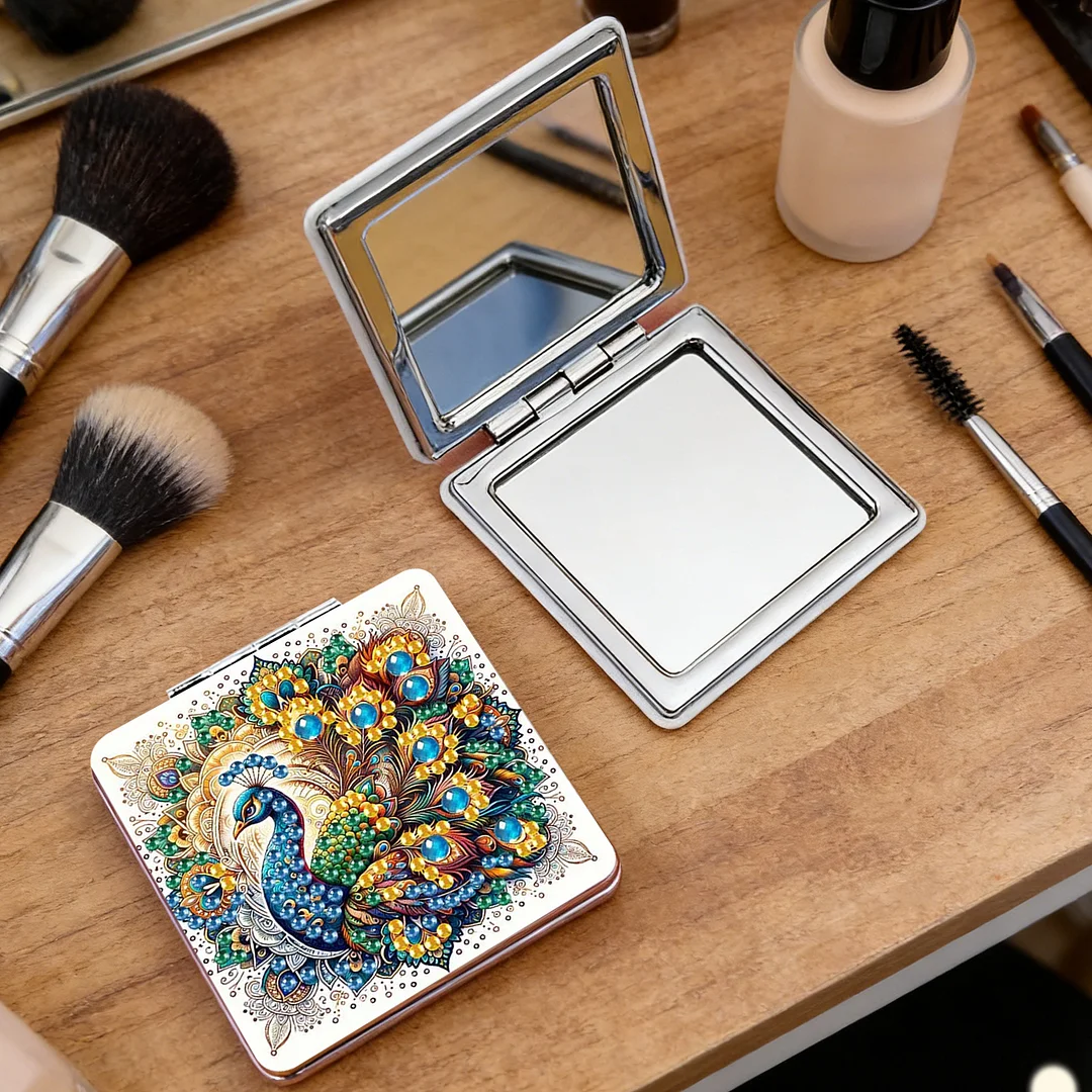Yellow Peacock DIY Special Shaped Diamond Painting Compact Mirror Kits Diamond Art Painting Pocket Mirror for Adults and Beginners