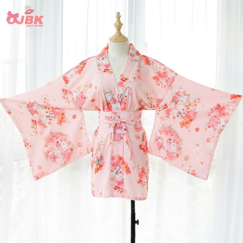 Japanese Kimono Sexy Cosplay Outfit for Women Traditional Style Robe Yukata Costumes Pajamas Soft Silk Belt 2pcs Set Pink Set