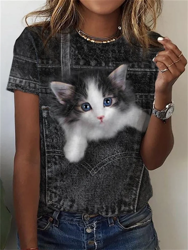 Women's T-shirt 3D Cat Print Round Neck Tops Black Green Purple Pink Blue