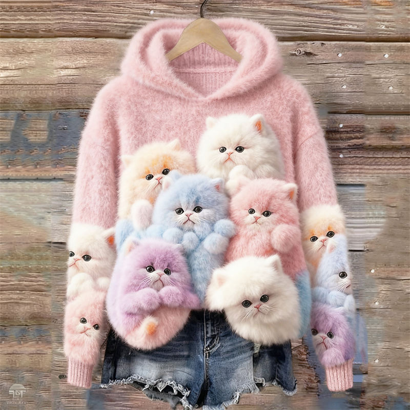 Lovely Colorful Fluffy Cats Cozy Fuzzy Hooded Sweater elevenforest