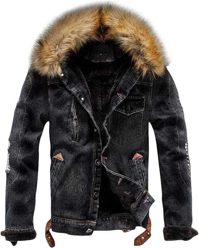 men's Faux Fur Collar Ripped Denim Trucker Jackets Fleece Jean Outwear Coat