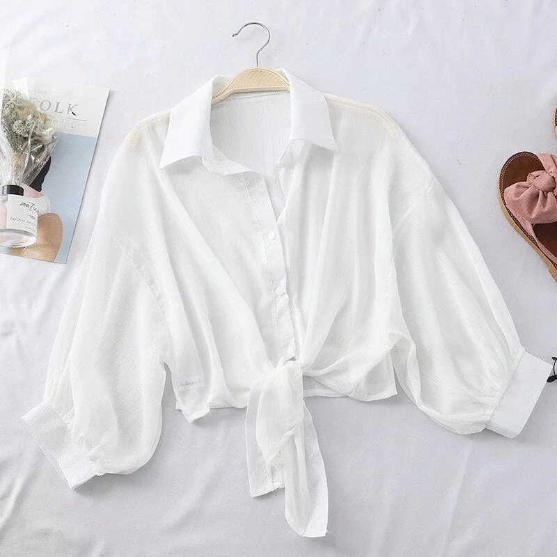 Chiffon Shirts Women 2020 Summer Half Sleeve Buttoned Up Shirt Loose Casual Blouse Tied Waist Elegant Blouses For Women