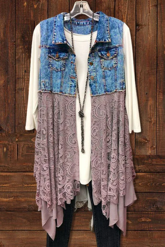 Contrasting Lace Denim Jacket Vest Tops