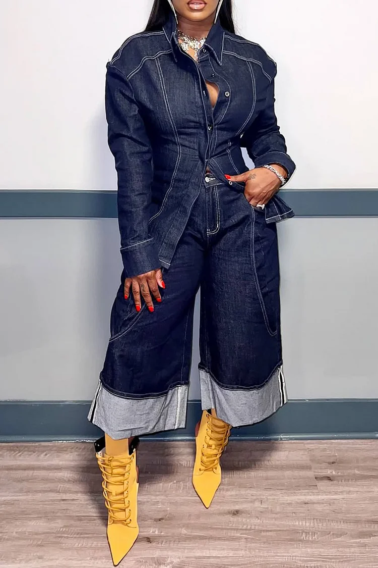 Plus Size Daily Blue Long Sleeve Button Casual Denim Two Piece Pant Sets [Pre-Order]
