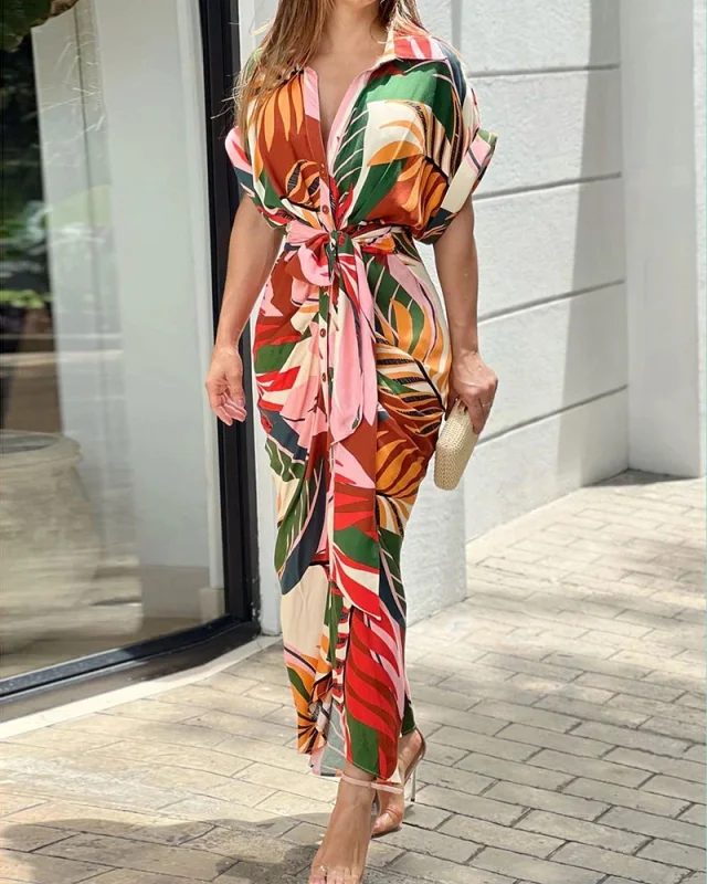 Women's Holiday Casual Tie Leaf Print Dress