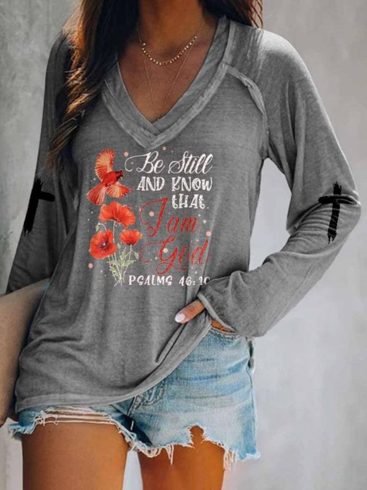 Vefave Faith Bird And Flower Print V Neck T Shirt