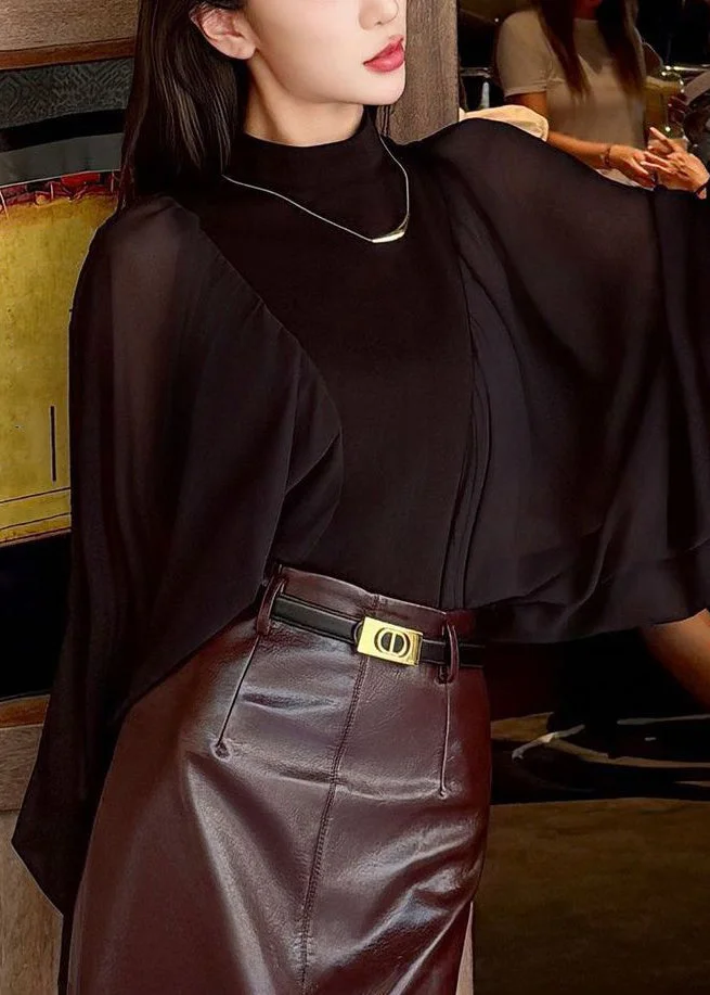 Black Zippered Chiffon Patchwork Shirt Wrinkled Batwing Sleeve