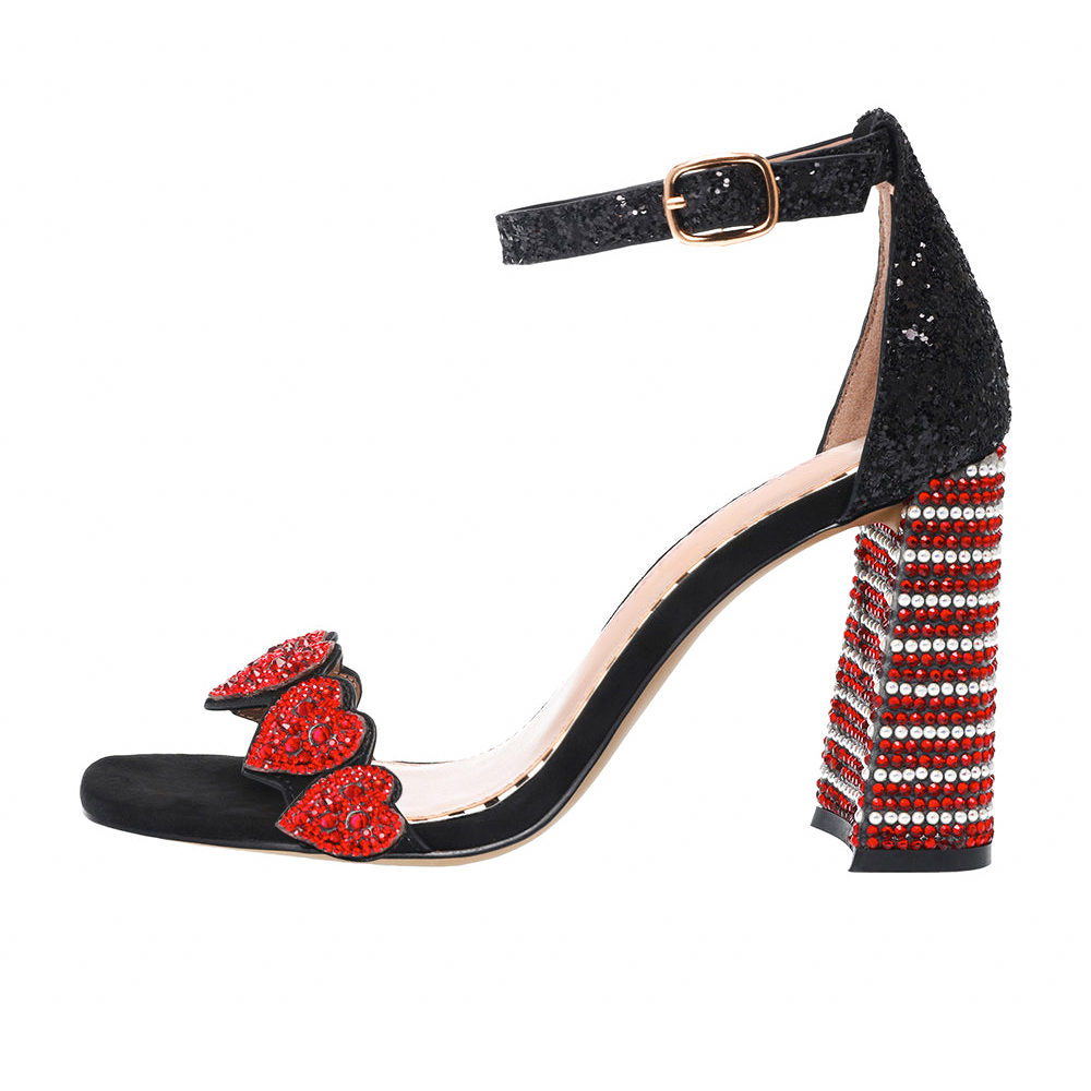 Black Glitter Square Toe Heeled Red Heart Rhinestone Sandals Nicepairs