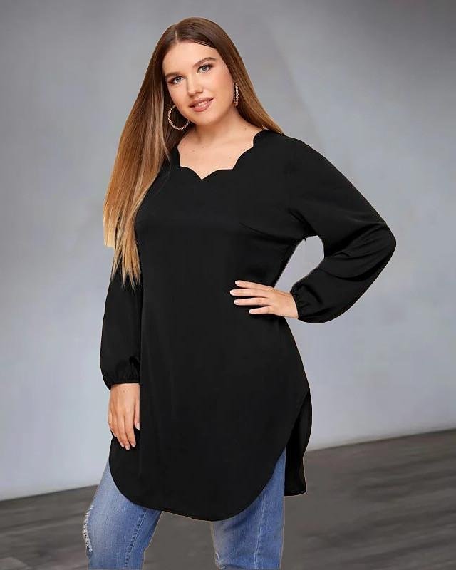 Women's Tunic Plain Long Sleeve Patchwork Round Neck Tops Basic Top Black - VSMEE