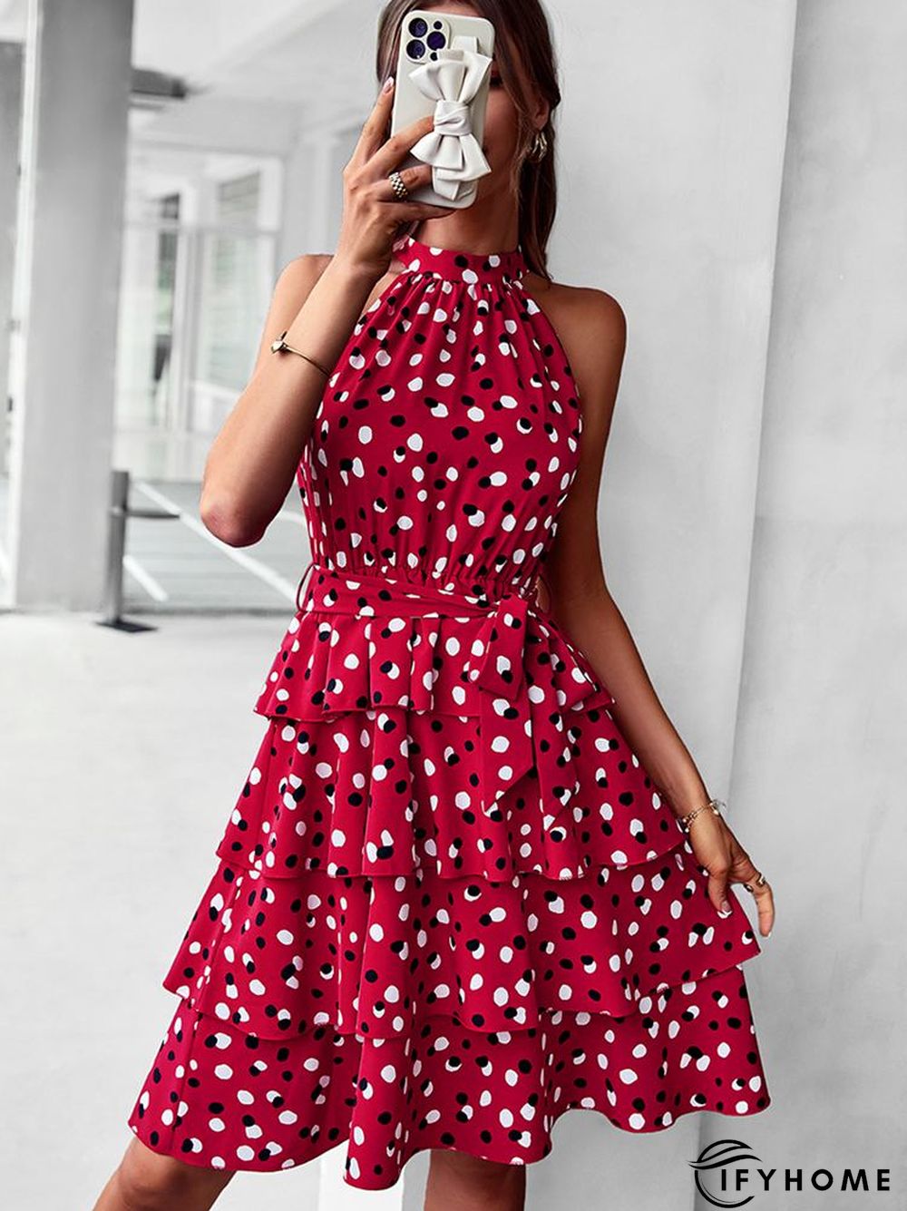 Temperament Casual Polka Dot Cake Dresses Women Summer Halter Neck Sleeveless Lace Up All Match A Line Dress | IFYHOME