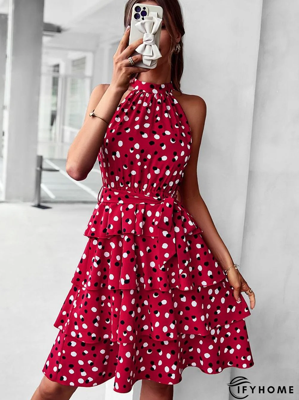 Temperament Casual Polka Dot Cake Dresses Women Summer Halter Neck Sleeveless Lace Up All Match A Line Dress | IFYHOME