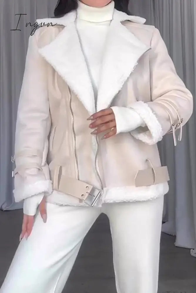 Ingvn - Casual Solid Patchwork Polo Collar Outerwear Cream White / S Outerwear/Blazer & Suits