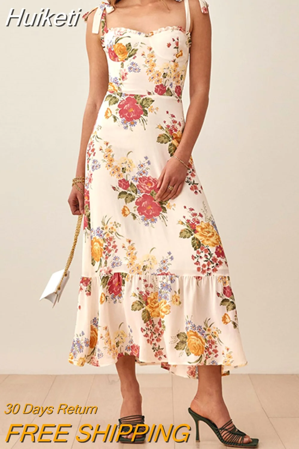Huiketi Dresses For Women 2023 Frill Trim Sweetheart Neck Ruffle Hem Elegant Evening Dress Sleeveless Tie Strap Summer Midi Dress