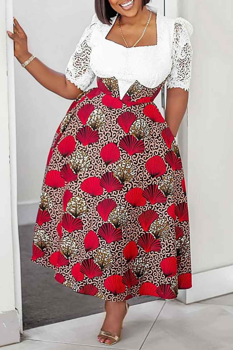 Plus Size Wedding Guest Multicolor African Ankara Square Neck Pocket Lace Two Piece Skirt Sets [Pre-Order] 2024 - Xpluswear