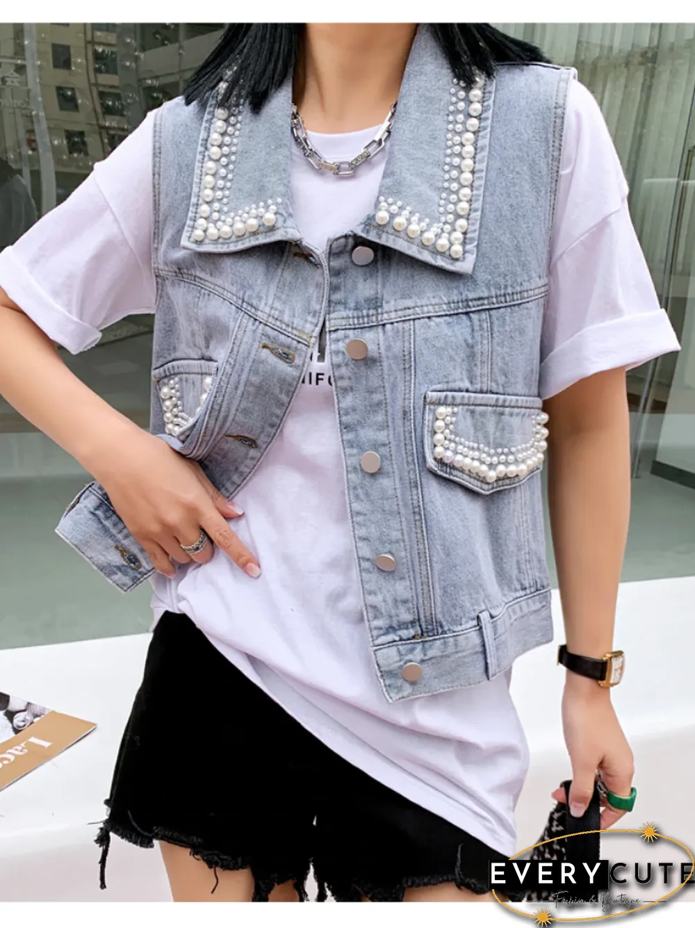 Women Denim Vest Luxury Pearls Fashion Autumn Jeans Cropped Jacket Sleeveless Loose Short Coat Causal Waistcoats Vest