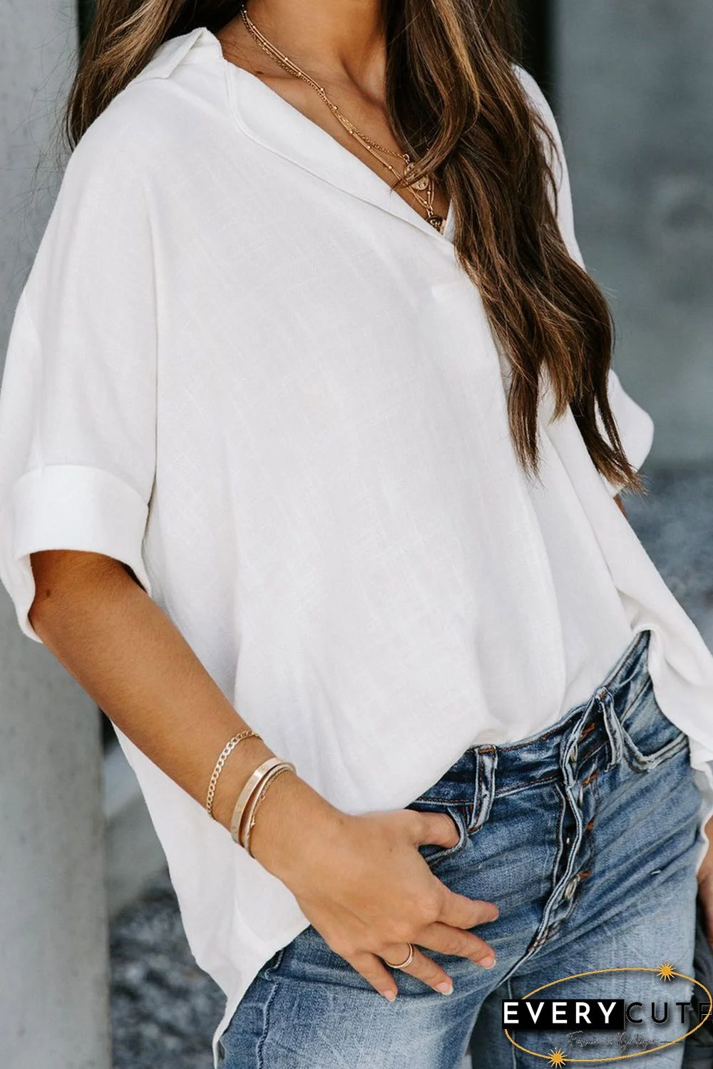 White Short Sleeve Button Solid Shirt
