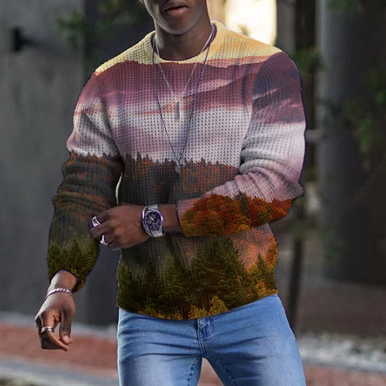 Sunset Print Crew Neck Men's Top