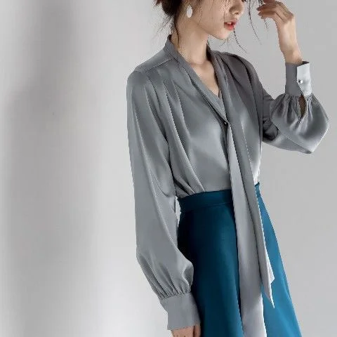 2023 Spring Fashion Korean Tops Satin Chiffon Blouse Women Loose Long Sleeve Shirt White Black Office Lady Clothes with Tie