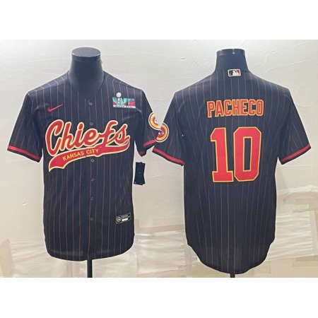 Men's Kansas City Chiefs #10 Isiah Pacheco Black With Super Bowl LVII Patch Cool Base Stitched Baseball Jersey HU8T