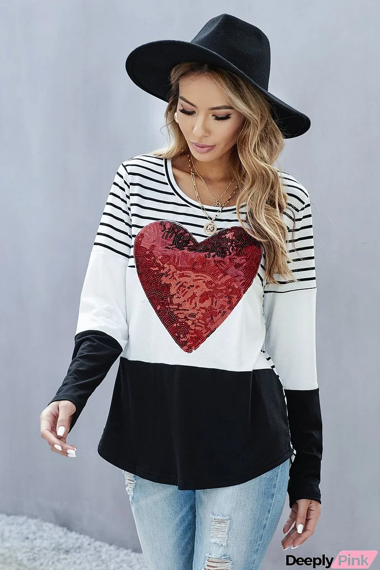 Heart Sequins Striped Long Sleeve Top