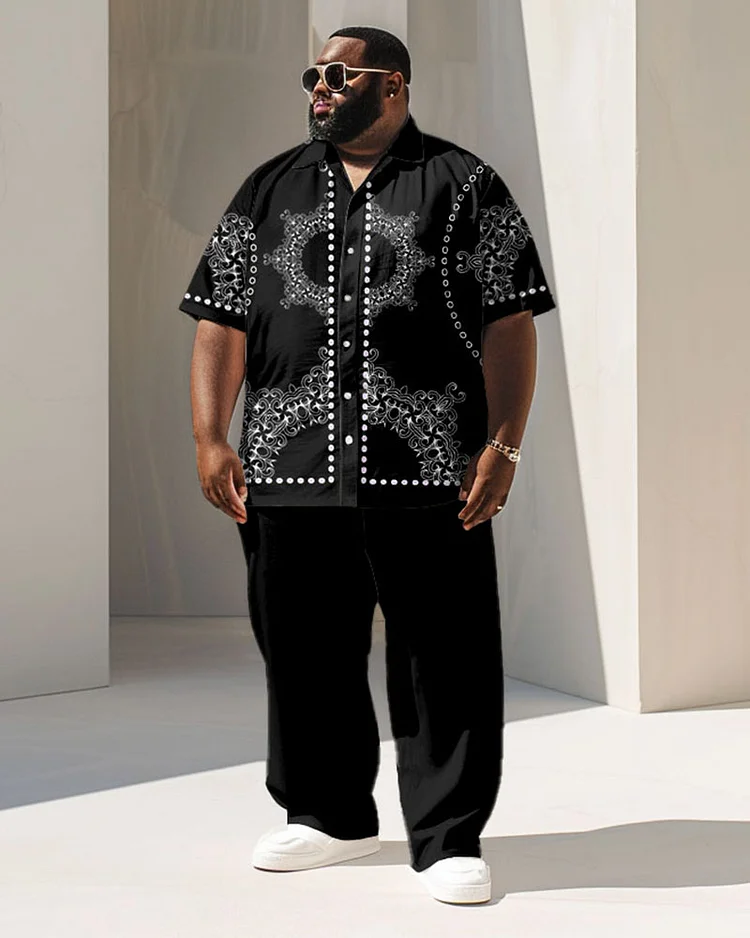 Men's Plus Size Business Retro Black Printed Short Sleeve Shirt Suit
