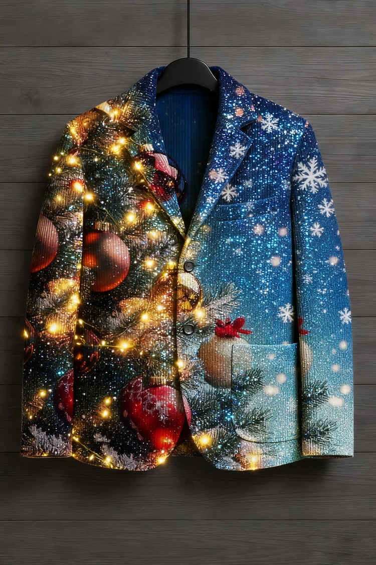 Men's Corduroy Sequins Lights Snowflakes Christmas Lapel Jacket 