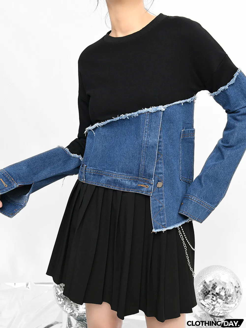 Women Loose Asymmetrical Denim Patchwork Contrast Casual Top
