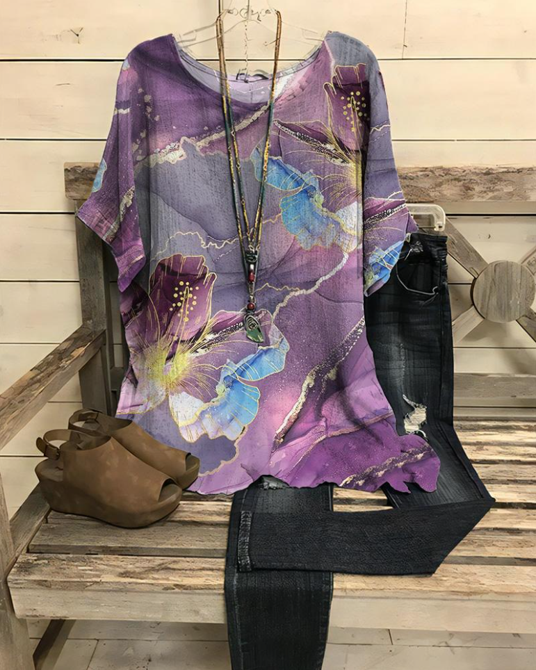 Marble Texture Floral Women's Casual Tees