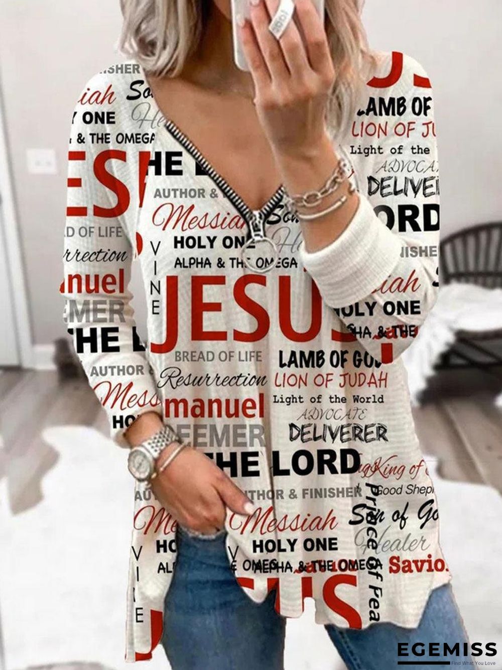 Fashion Letter Printing V-neck Long-sleeved Casual T-shirt | EGEMISS
