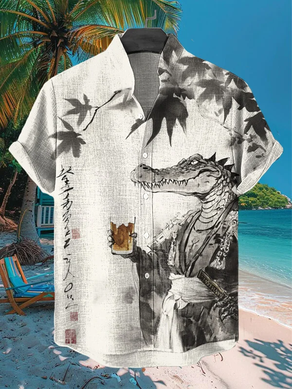 Men's Crocodile Warrior Drinking Beer Japanese Ink Painting Print Casual Shirt