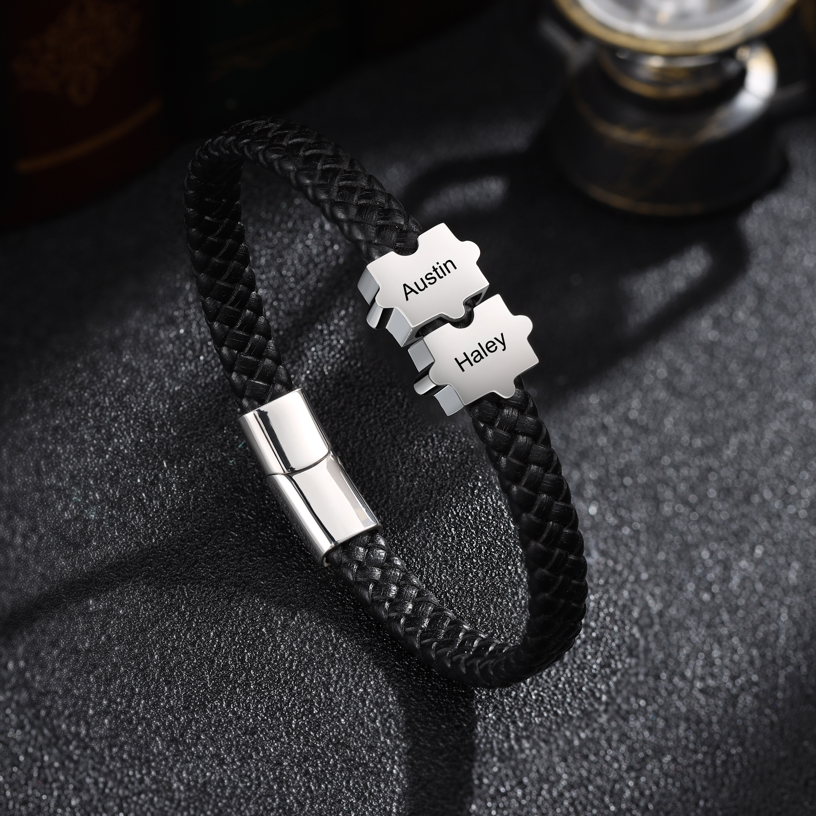 Custom Family Puzzle Bracelet Engrave 2 Names Leather Bracelet Father's Day Gifts for Dad-Jessemade AU