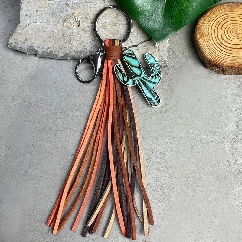 Ethnic Style Cactus Alloy Leather Tassel Bag Pendant Keychain