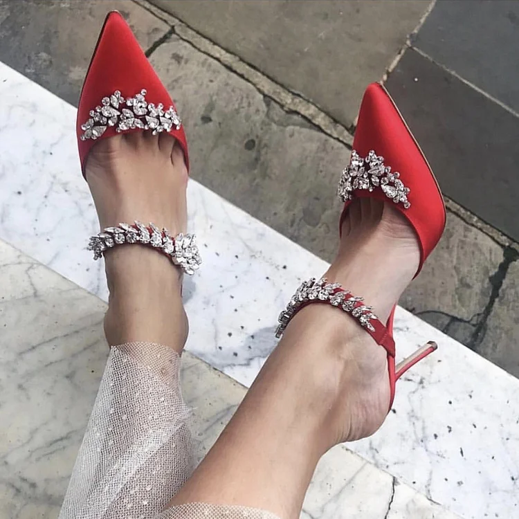 Red Satin Pointed Toe Rhinestones Strap Mule Heels |FSJ Shoes