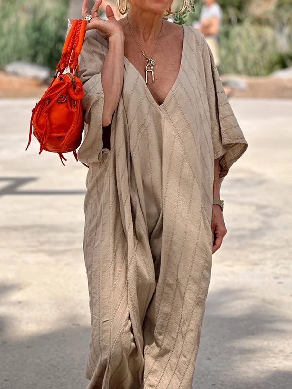 Solid Color Half Sleeves Loose V-Neck Maxi Dresses